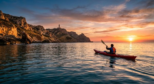 Kayak au coucher du soleil sur le Cap Bon